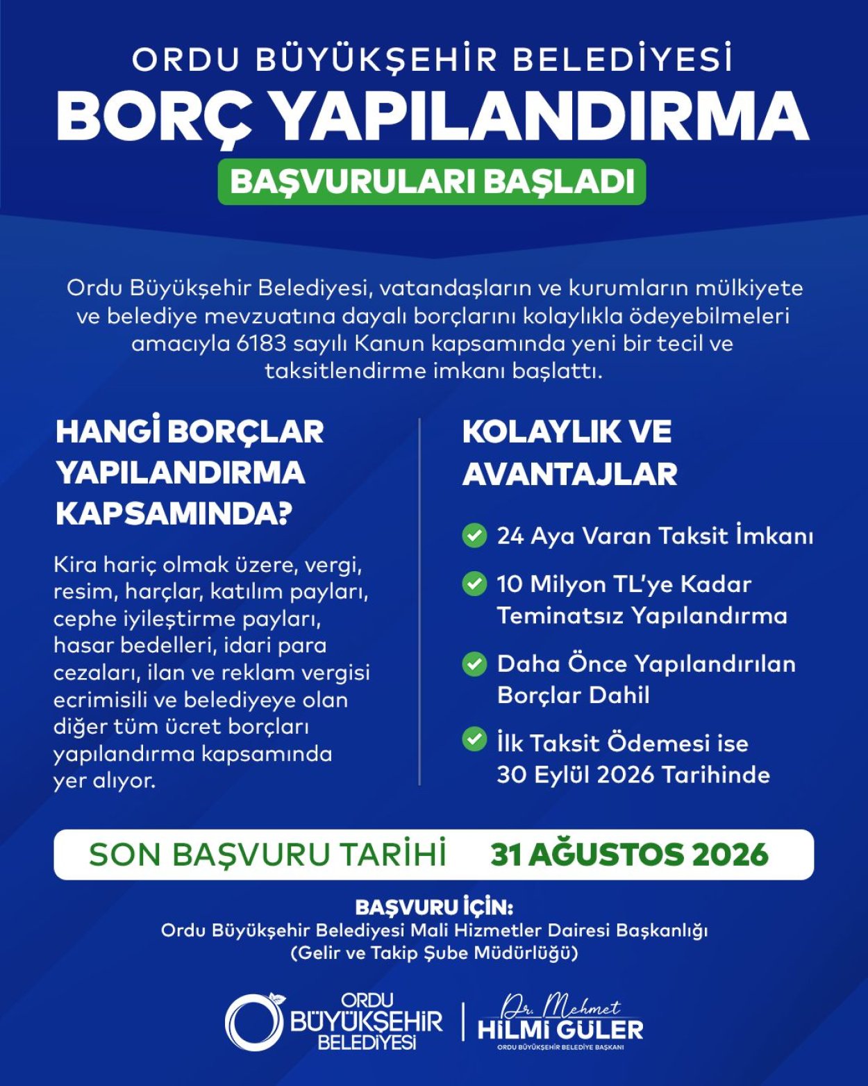 BÜYÜKŞEHİR’DEN VERGİ BORÇLARINA 24 AYA VARAN TAKSİT İMKÂNI