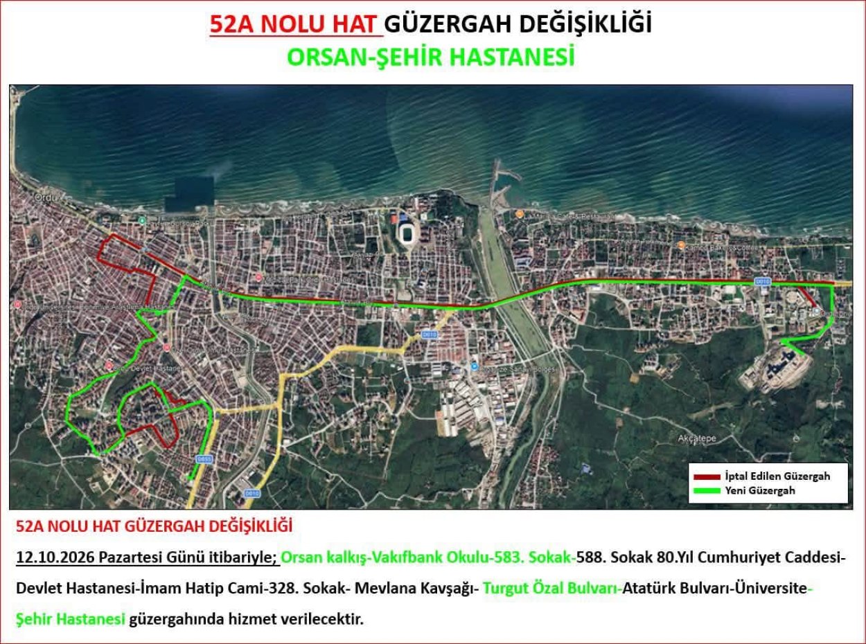 ORDU ŞEHİR HASTANESİ’NE ULAŞIMDA YENİ DÜZENLEME